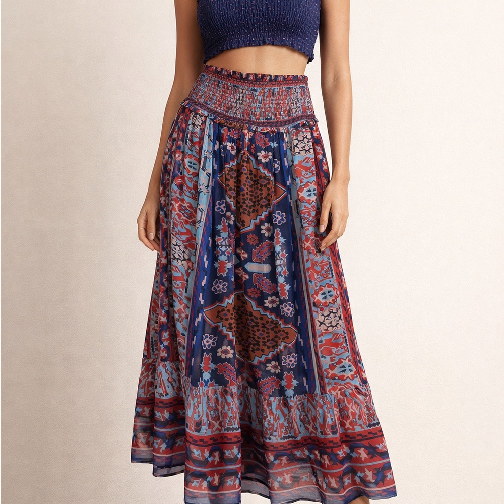 Bohemian Floral Maxi Skirt - Blue and Red